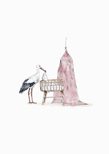 Crib with stork (pink)